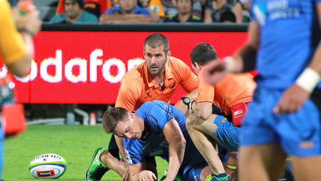 Dane Haylett-Petty of the Force is injured at nib Stadium.