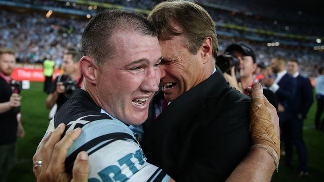 Sharks skipper Paul Gallen celebrates with Cronulla legend Andrew Ettingshausen. Picture: Brett Costello