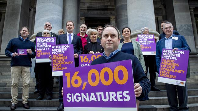 Lachlan Haynes the Chair of The Radiation Working Group Limestone Coast at Parliament House with supporters and 16,000 signatures for a South East radiation treatment centre. Picture: Mark Brake