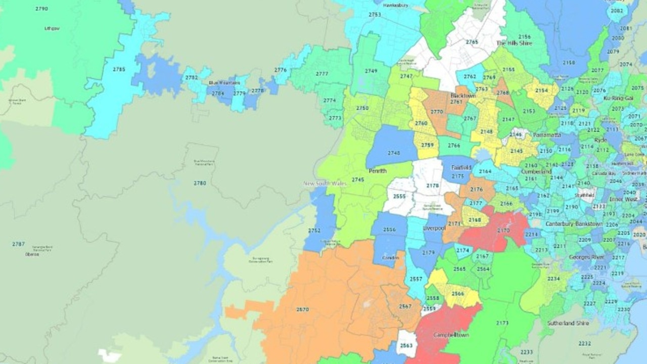 Suburbs such as Casula and Campbelltown (red on map, over 9000 homes in mortgage stress) will face serious financial pain. Closer to the coast, homeowners are less at risk of mortgage stress (blue on map, below 322 homes in stress). Picture: Digital Finance Analytics