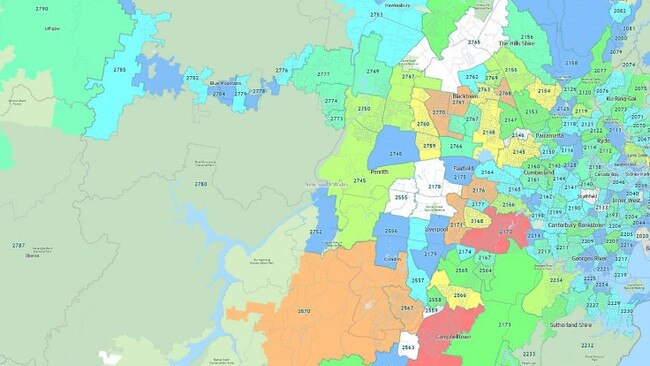 Suburbs such as Casula and Campbelltown (red on map, over 9000 homes in mortgage stress) will face serious financial pain. Closer to the coast, homeowners are less at risk of mortgage stress (blue on map, below 322 homes in stress). Picture: Digital Finance Analytics