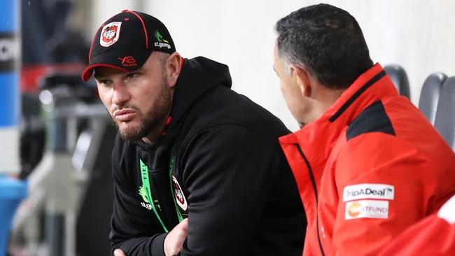 Dragons stand-in coach Dean Young with assistant Shane Flanagan. Picture: Mark Kolbe/Getty Images