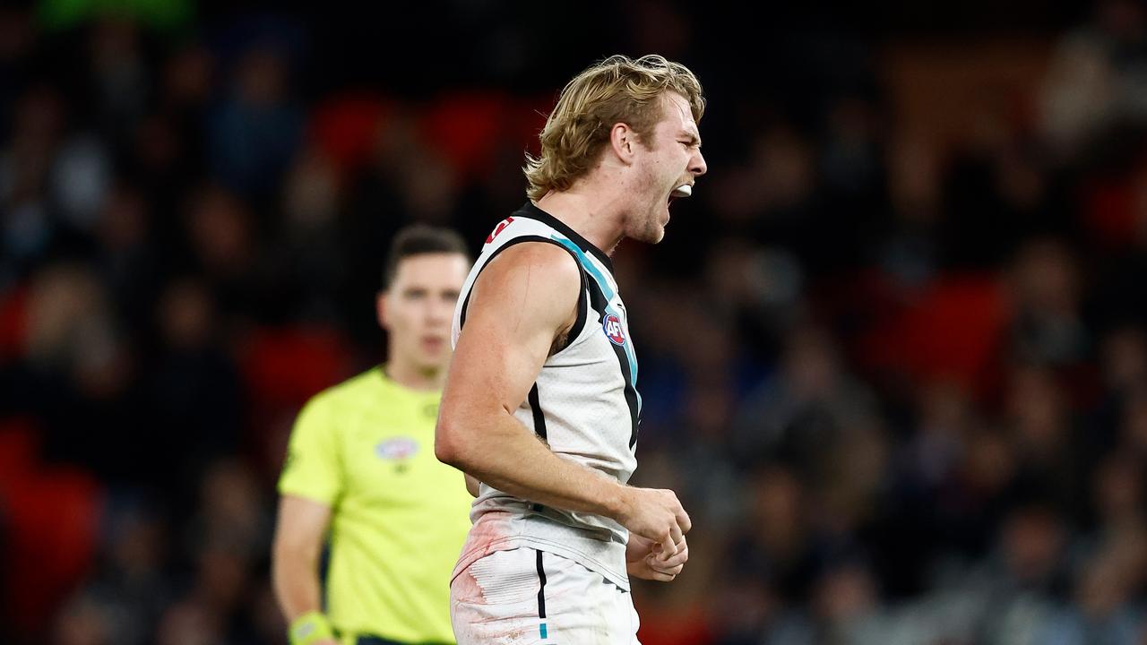 MELBOURNE, AUSTRALIA - JULY 26: Jason Horne-Francis of the Power celebrates during the 2024 AFL Round 20 match between the Carlton Blues and the Port Adelaide Power at Marvel Stadium on July 26, 2024 in Melbourne, Australia. (Photo by Michael Willson/AFL Photos)