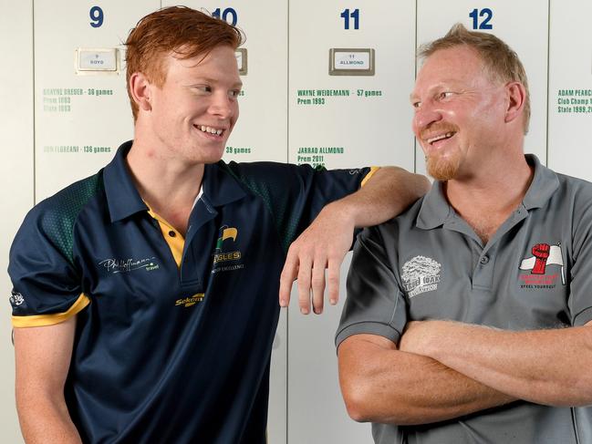 21/11/17 - Former Crows player Wayne Weidemann's son Jake is a chance to be selected by an AFL at the national draft on Friday. Pictured with his dad at Woodville Oval. Photo Naomi Jellicoe