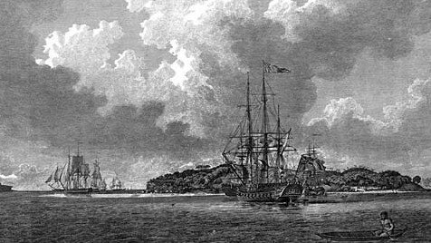 An engraving of the First Fleet in Botany Bay at voyage's end in 1788, from The Voyage of Governor Phillip to Botany Bay. Picture: Wikimedia Commons