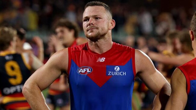 ADELAIDE, AUSTRALIA - MAY 22: Steven May of the Demons reacts after their loss during the 2021 AFL Round 10 match between the Adelaide Crows and the Melbourne Demons at Adelaide Oval on May 22, 2021 in Adelaide, Australia. (Photo by James Elsby/AFL Photos via Getty Images)