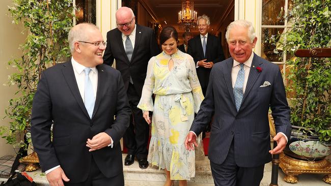 Scott Morrison and wife Jenny enjoy a cup of tea with Your Royal Highness Prince Charles along with His Excellency George Brandis the UK High Commissioner from Australia at Clarence House in the UK on Wednesday. Picture: Adam Taylor