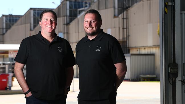 Sonnen managing director for Australia and the Asia Pacific, Nathan Dunn, and Craig Johnson, at the former Holden site. Picture: TAIT SCHMAAL.