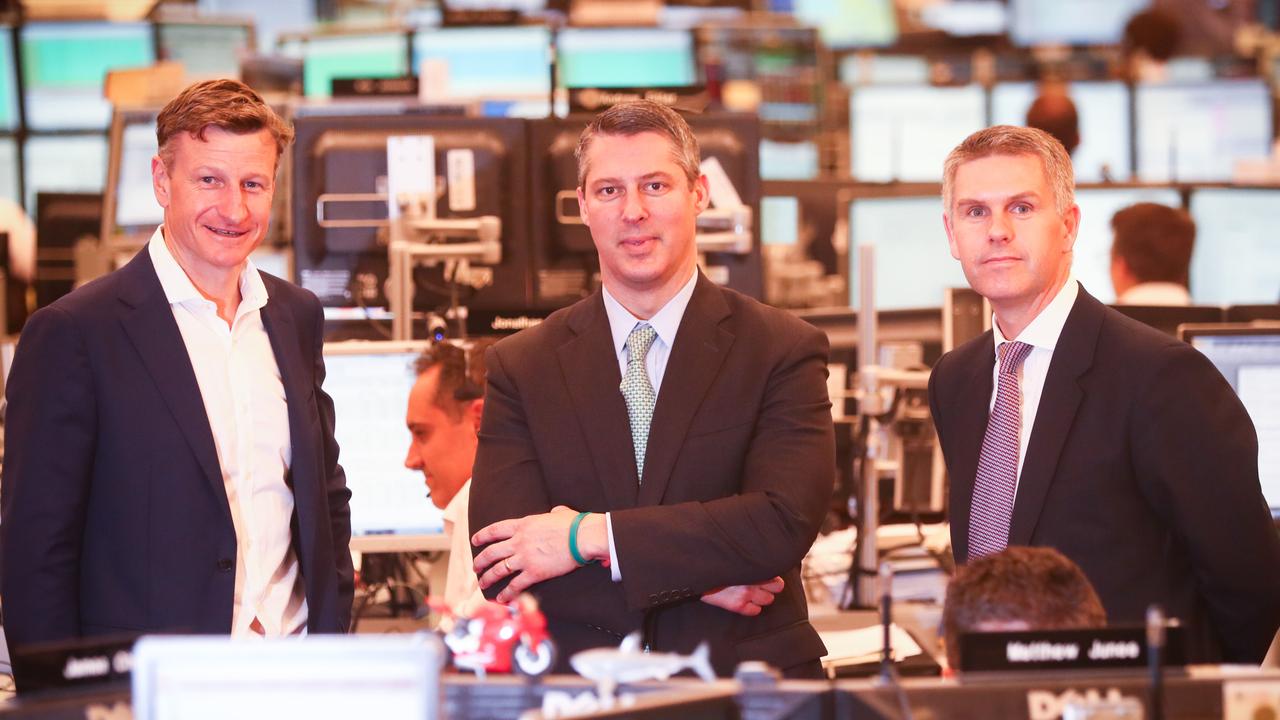 Steve Boxall (Co head equities ANZ) pictured in Sydney in 2017 with UBS colleagues Robert Karofsky and Chris Williams. Picture: Renee Nowytarger