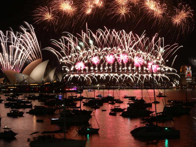 Midnight fireworks from Mrs Macquarie's Chair on December 31, 2015. Picture: Britta Campion