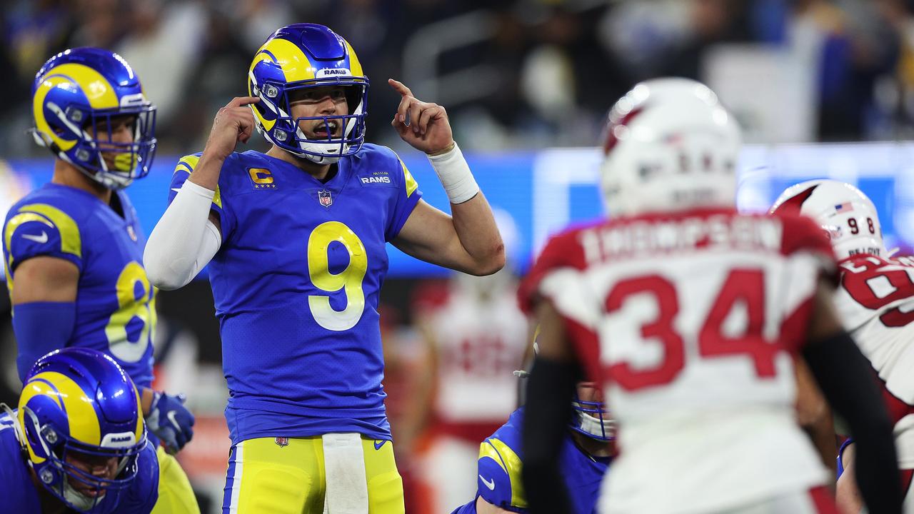 INGLEWOOD, CALIFORNIA - JANUARY 17: Matthew Stafford #9 of the Los Angeles Rams reacts at the line of scrimmage against the Arizona Cardinals during the third quarter in the NFC Wild Card Playoff game at SoFi Stadium on January 17, 2022 in Inglewood, California. Harry How/Getty Images/AFP == FOR NEWSPAPERS, INTERNET, TELCOS &amp; TELEVISION USE ONLY ==