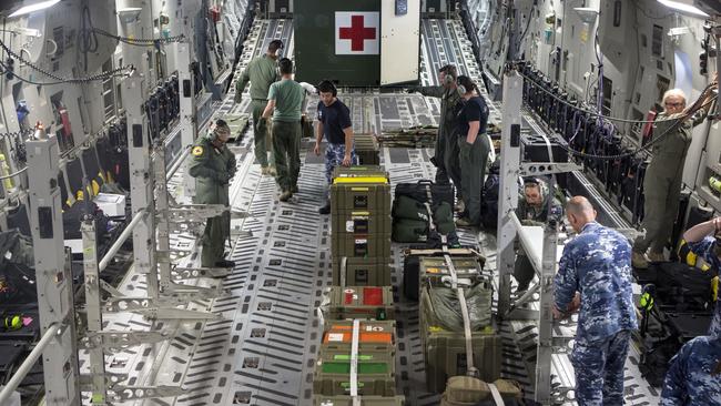 Inside one of the Defence Force planes before passengers were picked up.