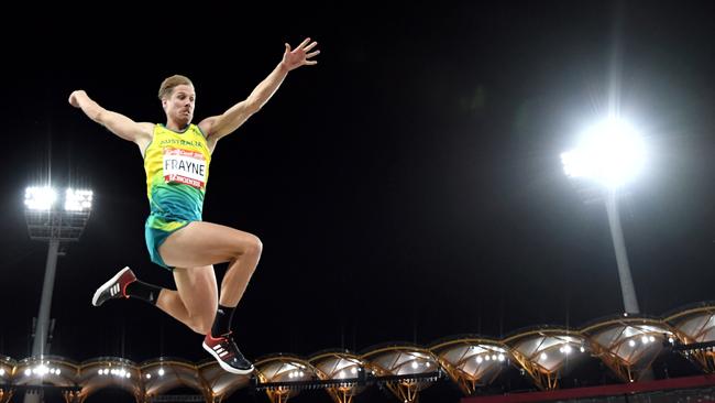 Henry Frayne of Australia in action before winning a silver medal win in the mens long jump final on day seven of competition at Carrara Stadium on the Gold Coast, Australia, Wednesday, April 11, 2018. (AAP Image/Dean Lewins) NO ARCHIVING, EDITORIAL USE ONLY