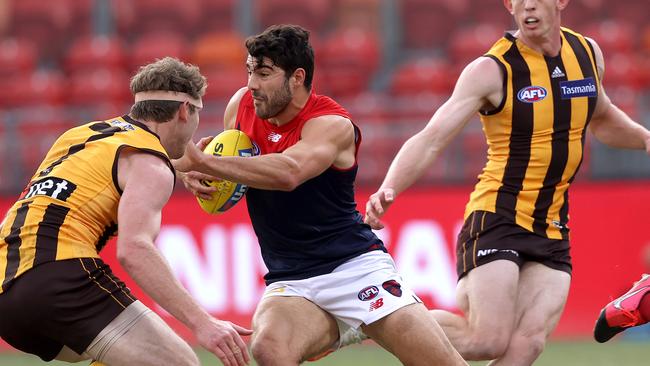 Christian Petracca was dominant for Melbourne in its victory over Hawthorn. Picture: Phil Hillyard.