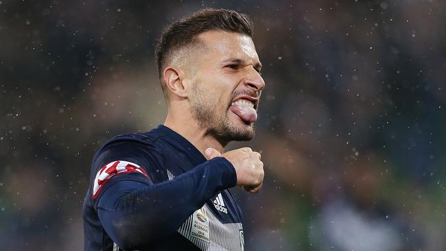 Kosta Barbarouses celebrates scoring for Melbourne Victory on Friday night. Picture: Getty Images