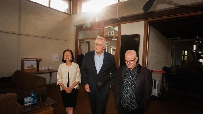 Prime Minister Scott Morrison attends a Glen Waverley Baptist church service with Gladys Liu and Pastor Chris Danes. Picture: Jason Edwards