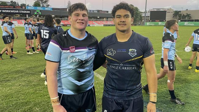 Opposition front rowers Cooper Clarke (Caloundra SHS) and Elijah Keung (Mabel Park) after their Langer Trophy clash. Picture: Andrew Dawson