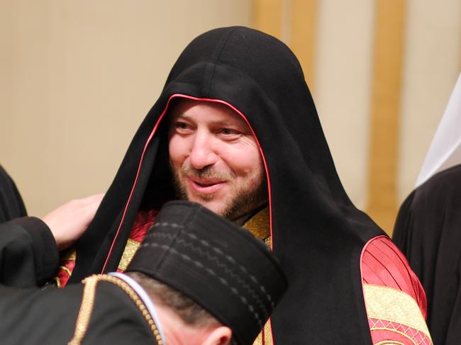 Australia's new Cardinal Mykol Bychok is greeted by Ukrainian Catholic Bishops after the consistory at St Peter's Basilica in the Vatican. Photo: Jacquelin Magnay