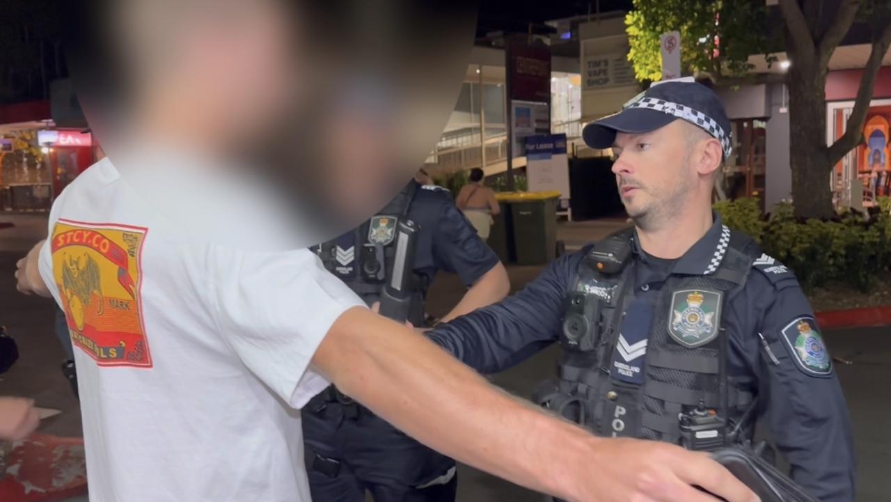 Sunshine Coast police search people for knives in the Ocean St party precinct in Maroochydore on April 14. Picture: Letea Cavander