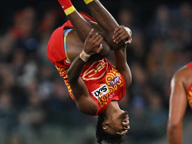 Lloyd Johnston backflips after his goal. Picture: Daniel Pockett/Getty Images