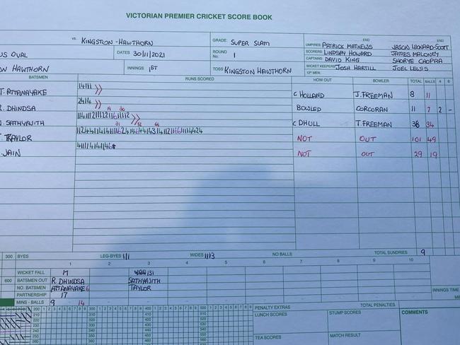 The scorecard showing Jack Taylor’s century.