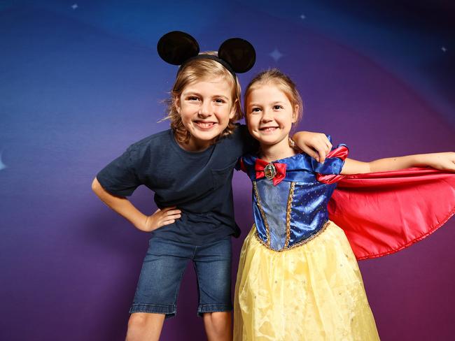 Thomas Ladisaar, 9, and Charlotte Ladisaar, 5, are excited as tickets go on sale for the Disney Exhibition at Queensland Museum. Pics Tara Croser.