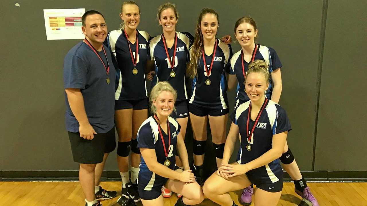 BIG WIN: The Toowoomba Titans women's team (from back left) coach Chris Hillman, Sophie Thornton, Sarah English, Georgia Parsons, Erin Phillips, Cassie Thomas and Tessa Knight on gold at the Aces United Volleyball tournament. Picture: Contributed