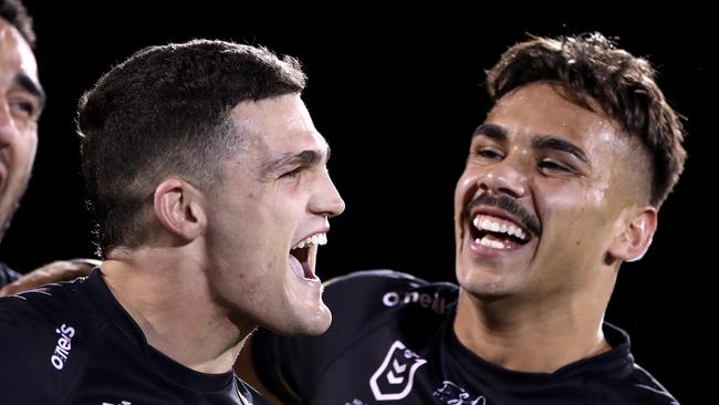 SYDNEY, AUSTRALIA - AUGUST 21: Tyrone May, Nathan Cleary and Daine Laurie of the Panthers celebrate after winning the round 15 NRL match between the Penrith Panthers and the Cronulla Sharks at Panthers Stadium on August 21, 2020 in Sydney, Australia. (Photo by Mark Kolbe/Getty Images)