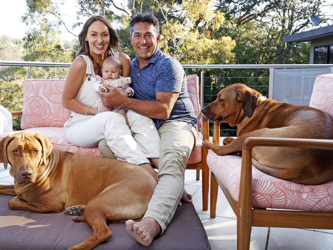 Jamie Durie, wife Ameka Jane with their daughter Beau with dogs Chuck and Luna. Picture: Tim Hunter