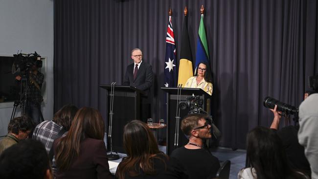 Mr Albanese and Linda Burney fronted the media for an emotional press conference after the referendum was voted down Picture: NCA NewsWire / Martin Ollman