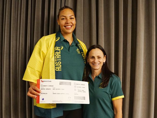 Opals star Liz Cambage with Australian coach Sandy Brondello. Picture: Basketball Australia