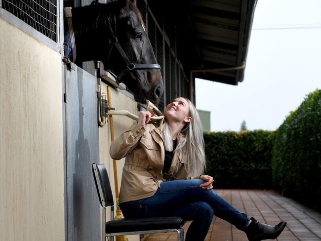 Jockey Raquel Clark with Star Status who she is riding in the SA Derby at trainer Leon Macdonald stables. Clark has been the rising star in SA's riding ranks over the past year winning the Dux of the Apprentice Academy while leading the SA premiership. Picture: Tricia Watkinson