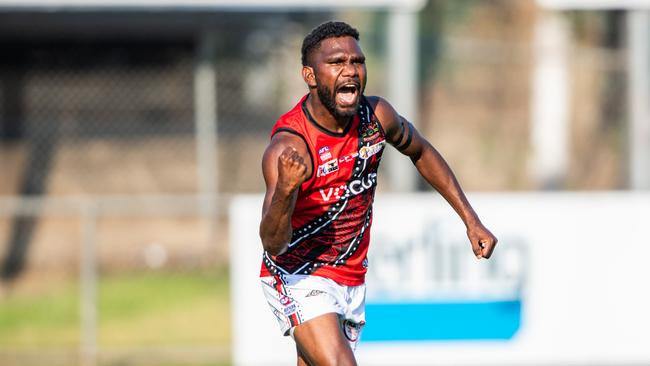 Kim Kantilla was everywhere in the Tiwi Bombers win against Palmerston Magpies in Round 3 of the 2023-24 NTFL season. Picture: Pema Tamang Pakhrin