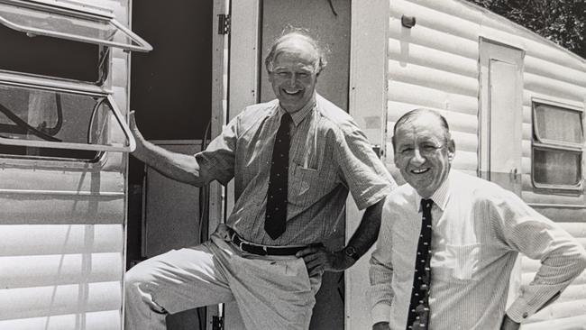 Deputy Prime Minister and Country Party Leader Doug Anthony with Tim Fisher at the "Prime Ministerial caravan" where Mr Anthony ran the country while on holiday at New Brighton.