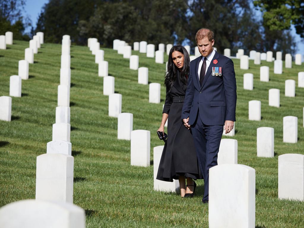 Prince Harry and Meghan at the Los Angeles National Cemetery. Picture: Getty