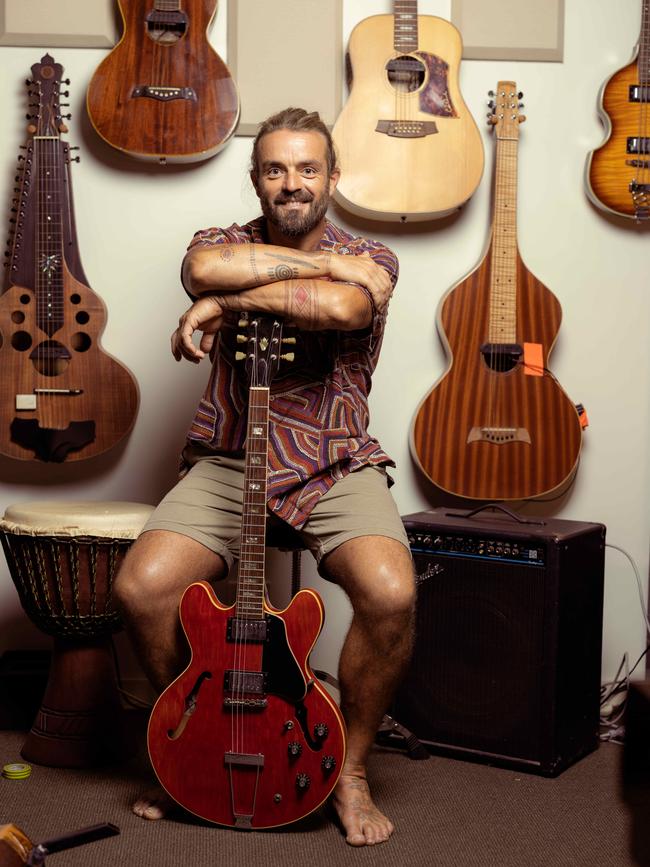 Xavier Rudd at his home studio earlier this month. Picture: Glenn Hunt