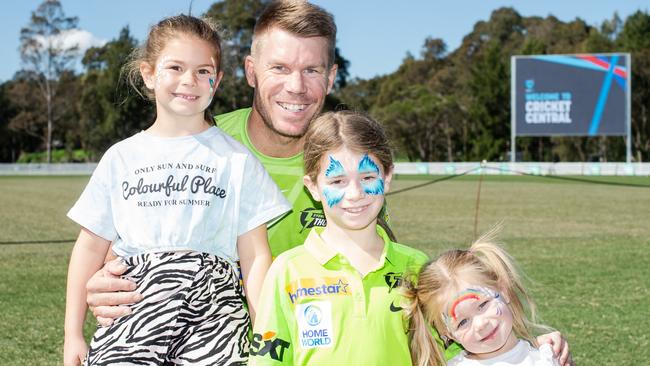 David Warner with his kids after the joining Sydney Thunder for this year’s Big Bash League. Picture: Ian Bird/CNSW