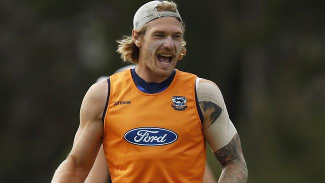 GEELONG, AUSTRALIA - JANUARY 22: Tom Stewart of the Cats reacts during a Geelong Cats AFL training session at the Deakin University Elite Sports Precinct on January 22, 2021 in Geelong, Australia. (Photo by Daniel Pockett/Getty Images)