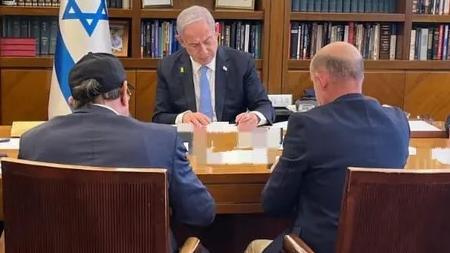 Israeli Prime Minister Benjamin Netanyahu and his advisers hold a phone call with Joe Biden. Picture; Israeli Prime Minister's Office.