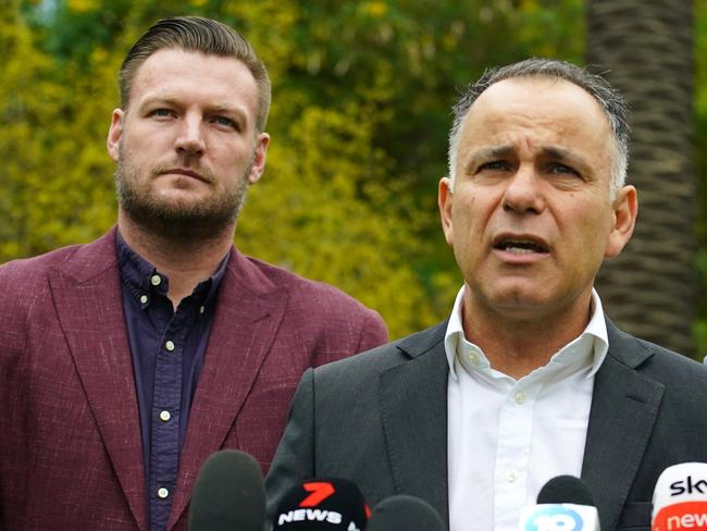 MELBOURNE AUSTRALIA - NewsWire Photos AUGUST 19, 2023:  Leader of the Opposition, John Pesutto, Shadow Minister for the Commonwealth Games, David Southwick and Shadow Minister for Events, Sport and Tourism, Sam Groth give a press conference.Picture: NCA NewsWire / Luis Enrique Ascui