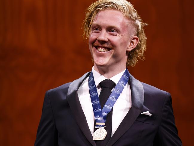 MELBOURNE, AUSTRALIA - AUGUST 24: Clayton Oliver of the Demons, who is a joint winners of The AFL Coaches Association Champion Player of the Year Award, speaks during the 2022 AFL Awards at Centrepiece on August 24, 2022 in Melbourne, Australia. (Photo by Daniel Pockett/Getty Images)