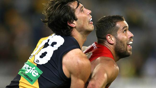 Alex Rance keeps a close check on Lance Franklin. Picture: Wayne Ludbey