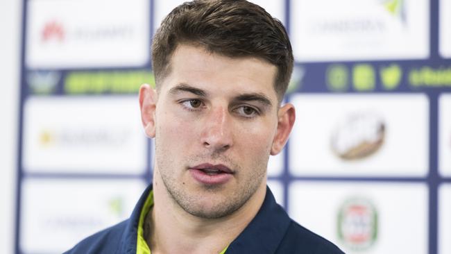 CANBERRA, AUSTRALIA - SEPTEMBER 11: Canberra Raiders NRL player Curtis Scott speaks to the media during a press conference on September 11, 2020 in Canberra, Australia. Scott was charged after being arrested on Australia Day in Sydney earlier this year. (Photo by Rohan Thomson/Getty Images)