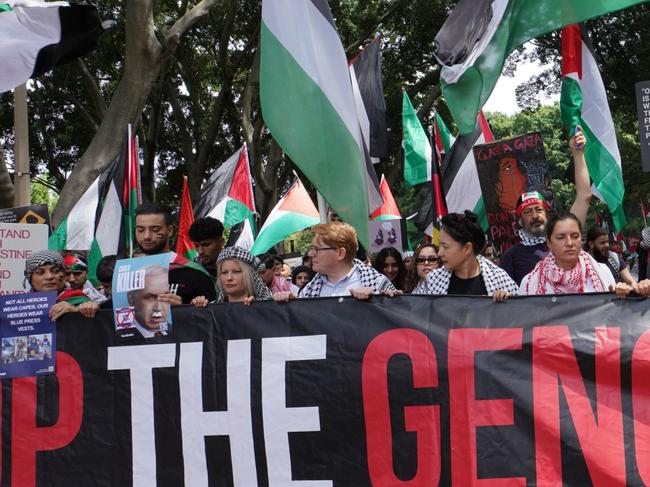 NSW government frontbencher Anthony D'Adam and Greens MP Jenny Leong leading a pro-Palestinain protest march in Sydney on Sunday. Supplied