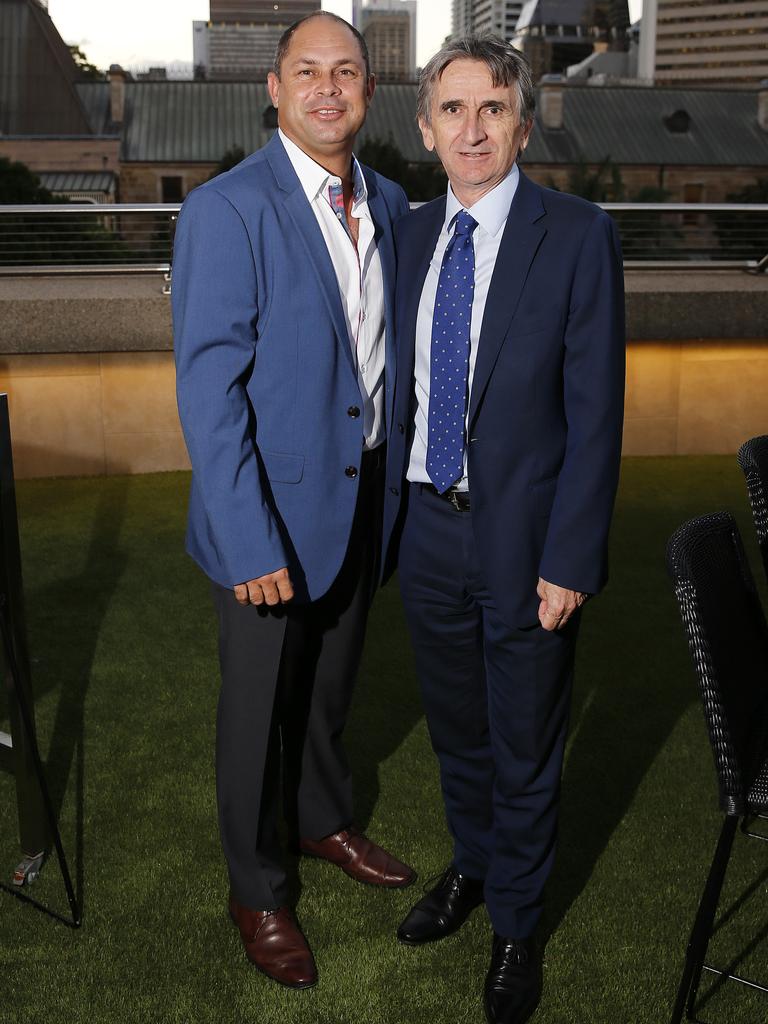 Cameron Costello and Daniel Gschwind at the Green Deck, Parliament House for the opening night of Queensland’s premier international tech and innovation event QODE. Picture: AAP Image/Josh Woning 