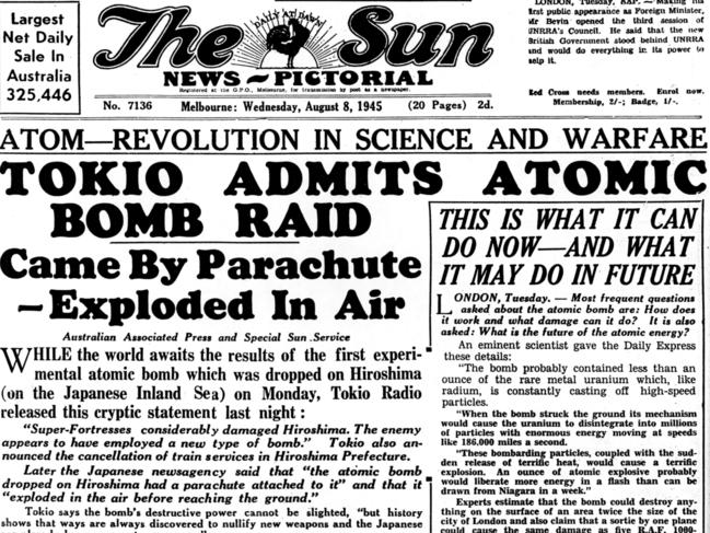 An August 8, 1945, newspaper front page – the first atomic bomb dropped on Hiroshima.