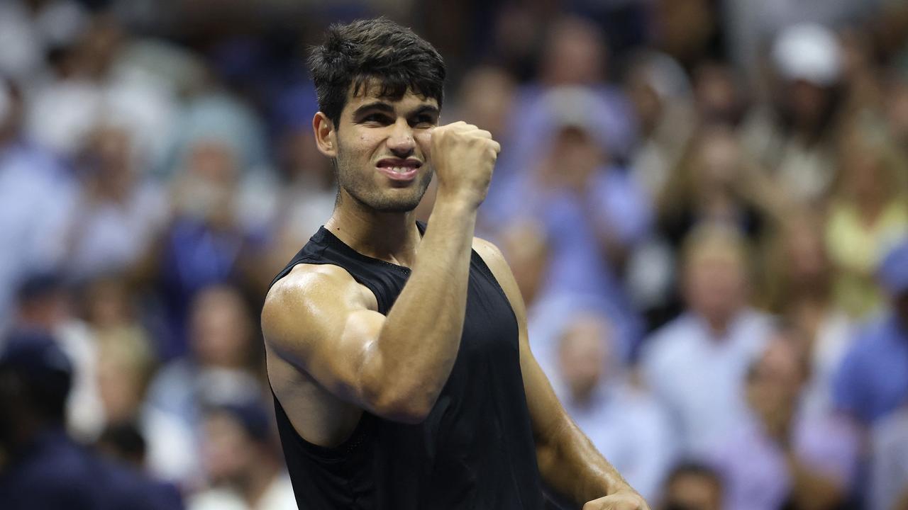 Carlos Alcaraz of Spain celebrates after defeating Li Tu of Australia in their Men's Singles First Round match on Day Two of the 2024 US Open at the USTA Billie Jean King National Tennis Center on August 27, 2024 in the Flushing neighbourhood of the Queens borough of New York City. Matthew Stockman/Getty Images/AFP (Photo by MATTHEW STOCKMAN / GETTY IMAGES NORTH AMERICA / Getty Images via AFP)