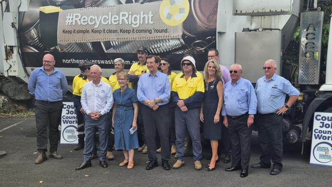 Lismore City Council Mayor Steve Krieg, Local Government Minister Ron Hoenig, Lismore MP Janelle Saffin, council GM John Gibbons, United Services Union northern division manager Stephen Hughes, and Lismore council waste collection truck drivers. Picture: Supplied