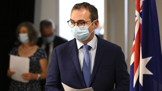 South Australian Premier Steven Marshall and South Australian Chief public health officer Nicola Spurrier arrive at a press conference this week. Picture: NCA NewsWire/David Mariuz