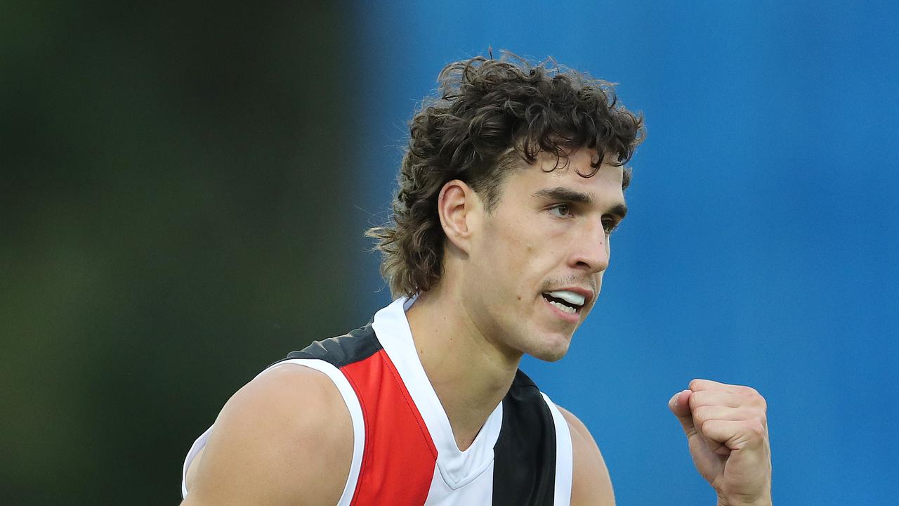 Max King of the Saints celebrates a goal during the Marsh Community Series . Pic: Michael Klein